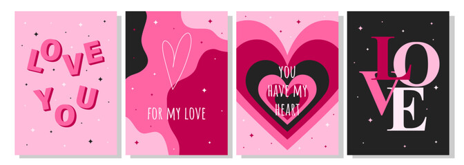 Valentine's Day greeting card set. Hand drawn trendy cartoon heart, love lettering. Vector illustration