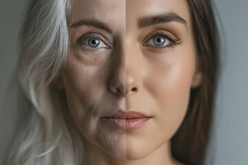 Obraz premium Beautiful woman's face, half young girl, half old woman. Before and after concept