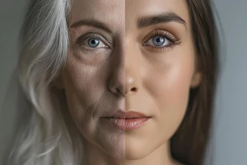 Foto op Plexiglas Beautiful woman's face, half young girl, half old woman. Before and after concept © Darya Lavinskaya