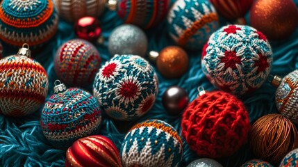 Knitted Christmas and New Year wool pattern. Christmas joys with knitted balls. Close-up of Sweater Design.