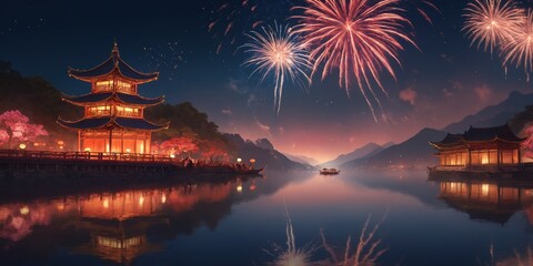 Fototapeta premium Chinese temple with cherry blossom in the night