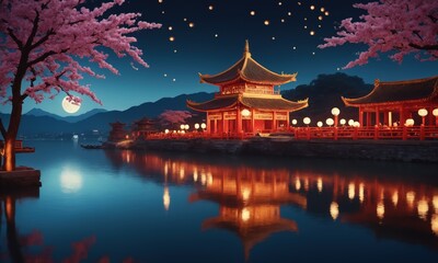 Cherry blossom and chinese temple at night with moonlight
