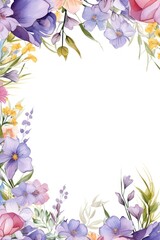 Frame with colorful flowers on lavender background