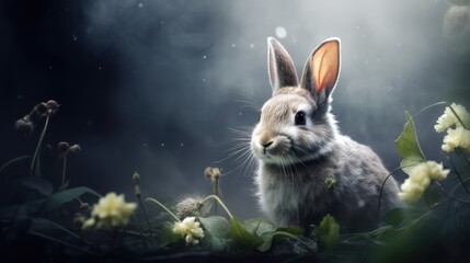 Cute furry rabbit bunny animal adorable on misty dark background. AI generated image
