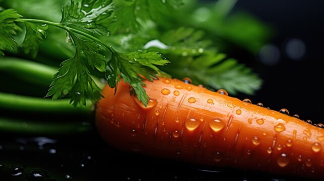 Fresh and ripe orange carrots with leaves on dark wooden table. AI generated image