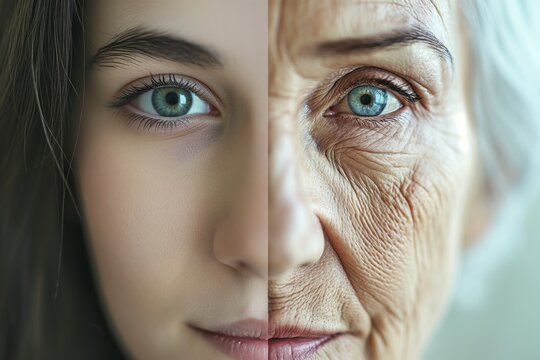 Beautiful Woman's Face, Half Young Girl, Half Old Woman. Before And After Concept