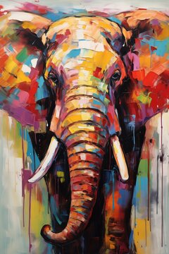 Animal head, portrait, art - Colorful abstract oil acrylic painting of colorful elephant, pallet knife on canvas. Print on canvas or download
