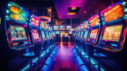 empty casino with slot machines - obrazy, fototapety, plakaty