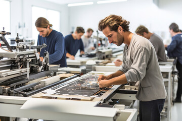 A group of men working on large printers in a factory. Printing industry machines. Plotter for large prints.