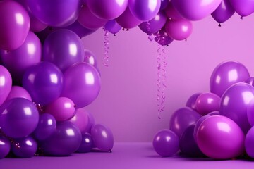 Template for birthday celebration with purple balloon backdrop. Generative AI