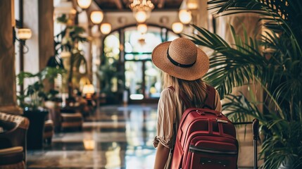 A woman with a hat is standing in an elegant hotel lobby with her luggage, possibly ready to check in or out. - obrazy, fototapety, plakaty