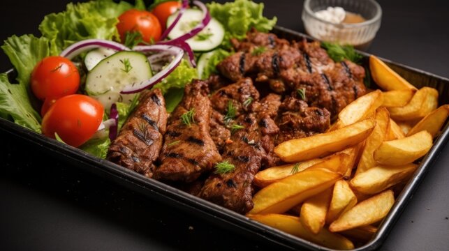 Kebabs with fries and fresh salad in tray fast food menu on the table. AI generated image