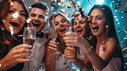 Nice-looking attractive lovely glamorous shine cheerful positive stylish smart ladies and gentlemen having fun festal celebratory in modern fashionable luxury place indoors