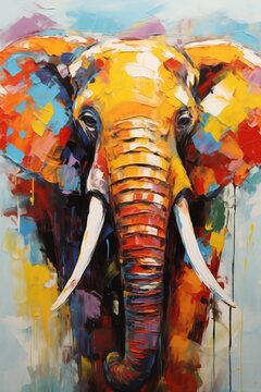 Animal head, portrait, art - Colorful abstract oil acrylic painting of colorful elephant, pallet knife on canvas. Print on canvas or download