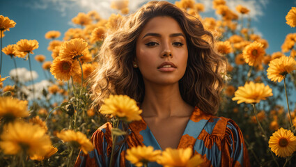 creative portrait of a beautiful woman in a field of sunflowers