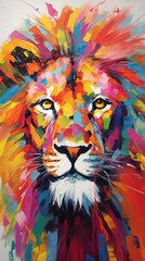 Animal portrait head art - Colorful abstract oil acrylic painting of colorful lion, pallet knife on canvas. Print on canvas or download
