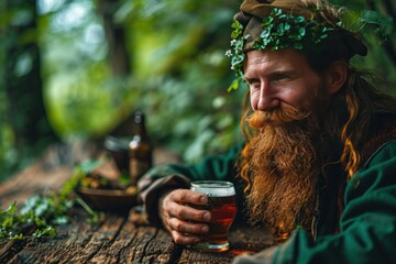 Portrait of a funny leprechaun with a glass of beer. Saint Patrick's Day Concept with Copy Space.