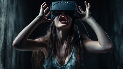 Model with a VR headset reacting to a virtual horror - obrazy, fototapety, plakaty