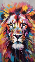 Animal portrait head art - Colorful abstract oil acrylic painting of colorful lion, pallet knife on canvas. Print on canvas or download