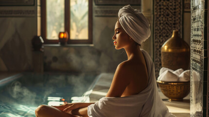 Beautiful young woman wearing a white towel sitting on a hot stone in hamam, sauna. Concept of relax, vacation, wellness center. - Powered by Adobe