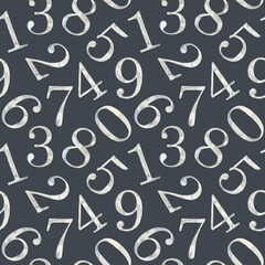 Seamless pattern of watercolor illustration collection of marble numbers from 1 to 0. Hand painted elements drawing on grey background. For fabric, sketchbook, wallpaper, wrapping, creative design.