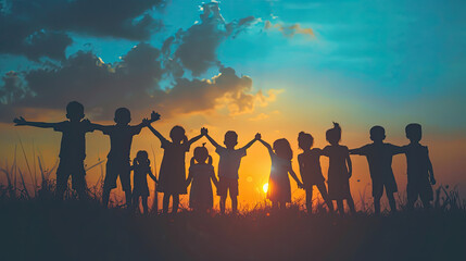Silhouette back refugee kid group.Responsible.Kid child boy and girl worship.World kids day, Pray and worship, Hope, freedom, Diverse, Faith.World refugee day.Juneteenth kid.Friends.Potential unlock. - obrazy, fototapety, plakaty