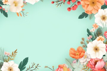 Frame with colorful flowers on mint green background