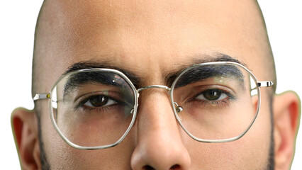 Man's face, on a white background, close-up