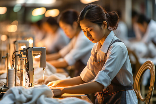 Large group of Asian women working on sewing machines in a big factory.
