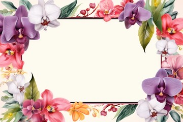 Fototapeta na wymiar Frame with colorful flowers on orchid background