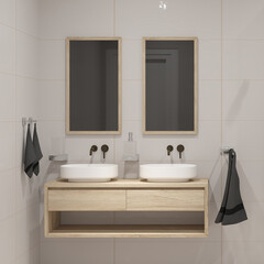 Fototapeta na wymiar Modern bathroom design with two sinks and white tiles 3d render.