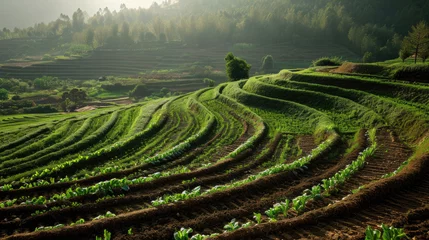 Deurstickers terracing green and lush scallion fields © Sasint