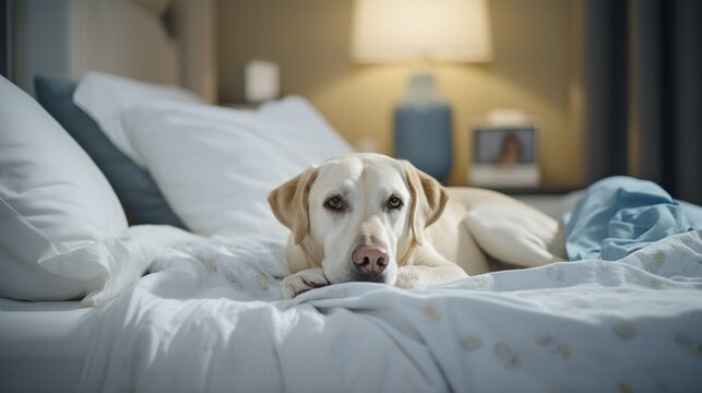 A Heartwarming Image of an Aging Labrador Retriever in His Cozy Bed at Home