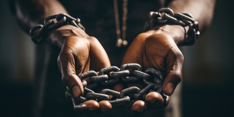 Abolitionist Holding Rusty Chain for International Day of the Abolition of Slavery Banner Image - obrazy, fototapety, plakaty