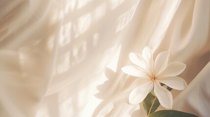 abstract floral natural backdrop with sunlit leaves and shadows on beige fabric, empty room for text