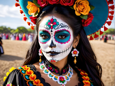 Mexican woman with death makeup. Spirits in Color: Mexico's Day of the Dead Celebration with a Mexican Woman in Vibrant Makeup. generative AI