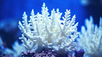 stunning species of acropora coral showcased in a reef aquarium tank through a macro lens with selective attention.