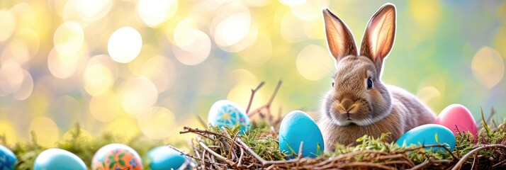 Fototapeta na wymiar Banner cute bunny with colorful easter eggs in nest, spring and festive background