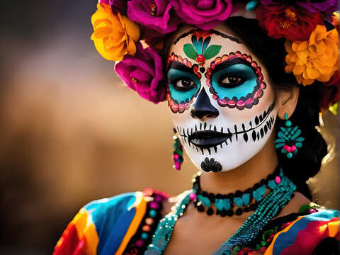 Mexican woman with death makeup. Spirits in Color: Mexico's Day of the Dead Celebration with a Mexican Woman in Vibrant Makeup. generative AI
