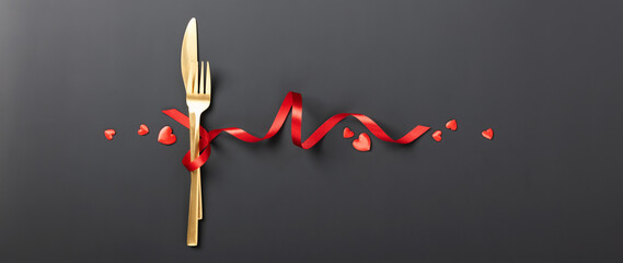 Fork and knife tied with a red ribbon on black background. Romantic dinner. Valentine's Day