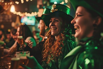 People Celebrating St Patrick's Day in a Irish Beer Pub in a leprechaun costumes. Saint Patrick's Day Concept with Copy Space. Group of friends drinking beer and having fun in a Irish Pub. St. Patrick