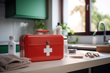 A first aid kit in a box was placed on the table in the room. Kitchen interior decoration and medicine