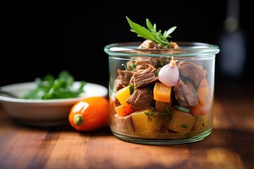 chunky beef stew in a clear glass pot, brightly lit