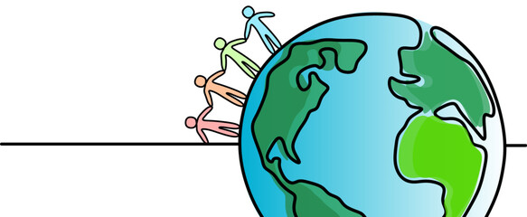One line World culture earth day and global diversity and international cultures as a concept of diverse races and crowd cooperation symbol. People around the planet earth. 