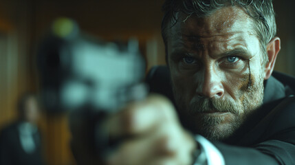 Fototapeta premium Intense Man in a Standoff, Gripping a Handgun with a Focused Gaze