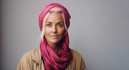 Portrait of a beautiful woman with pink hair wearing a headscarf.