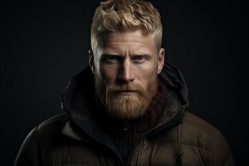 Portrait of a handsome man with long red hair and beard in a warm jacket. Men's beauty, fashion