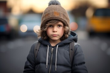 Portrait of a cute little boy in a warm hat and jacket on the street