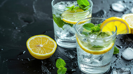 Two glasses of lemonade or a cocktail with lemon and mint on a black background. Summer refreshing drinks. - obrazy, fototapety, plakaty