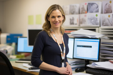 A dedicated perinatologist in her office, surrounded by medical books and ultrasound images, with a compassionate smile that reflects her passion for maternal-fetal medicine